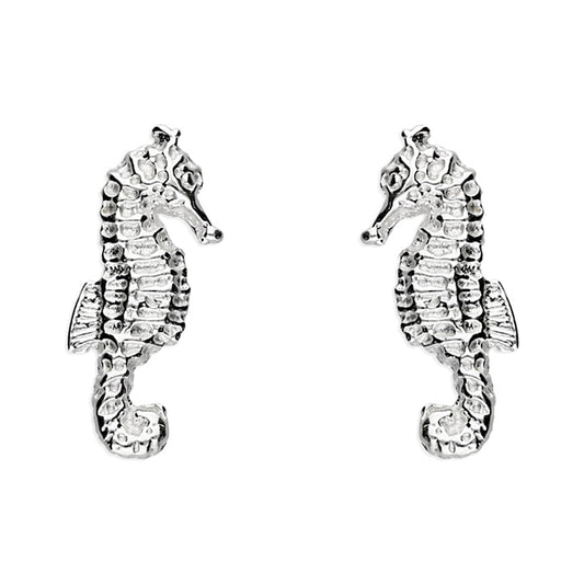 Pair of silver seahorse earrings on a white background