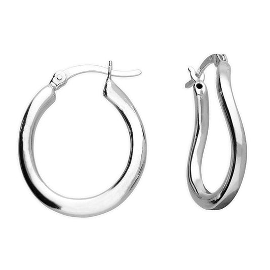Pair of silver hoop earrings on a white background