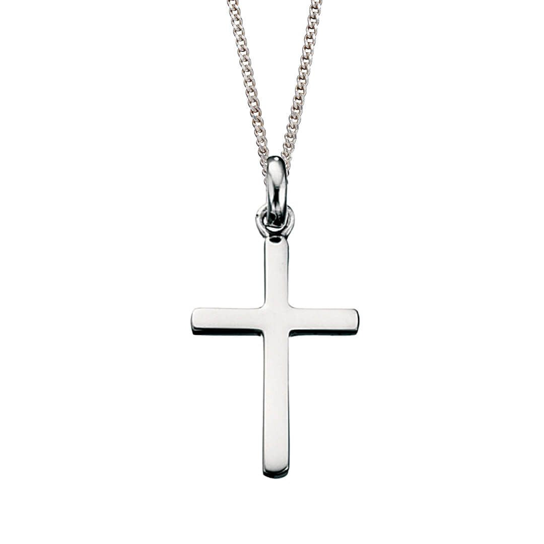 Silver cross pendant on a chain against a white background