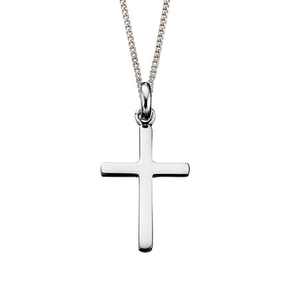 Silver cross pendant on a chain against a white background