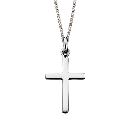 Silver cross pendant on a chain against a white background