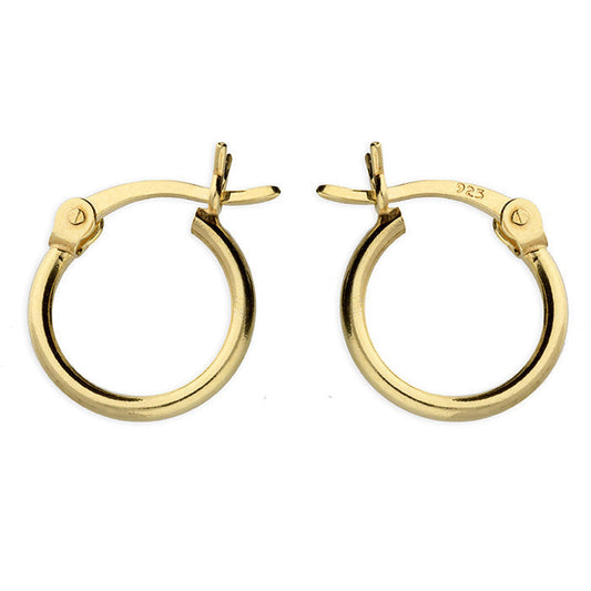 Gold plated small hoop earrings on a white background