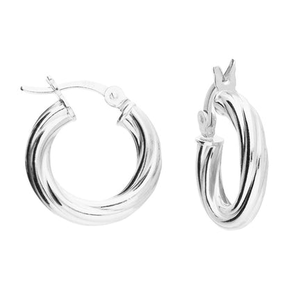 Silver twisted hoop earrings on a white background