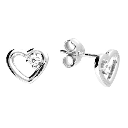 Heart-shaped silver earrings with a  gemstone on a white background