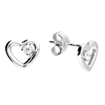 Heart-shaped silver earrings with a  gemstone on a white background
