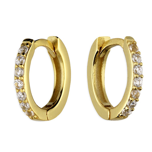 Gold hoop earrings with clear gemstones on a white background