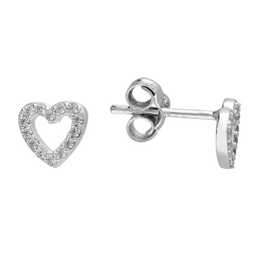 Sparkle open heart studs with cz diamond on a white background 
