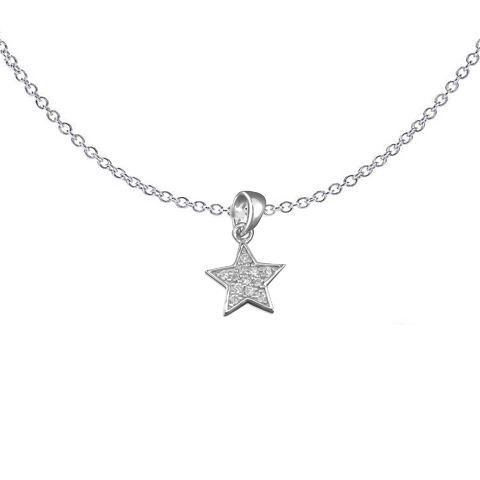 Silver sparkle star pendant necklace on a white background