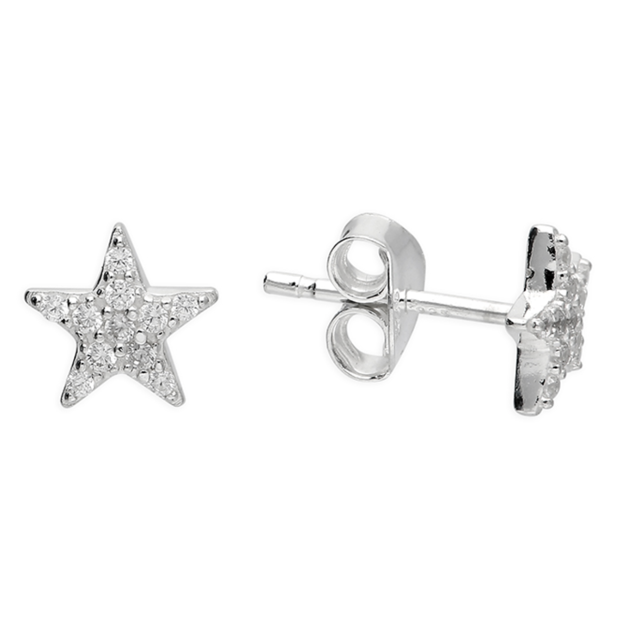 Star-shaped silver earrings with clear sparkle stones on a white background