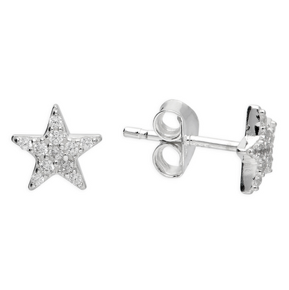 Star-shaped silver earrings with clear sparkle stones on a white background