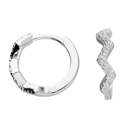 Silver hoop zigzag patterned earring on a white background
