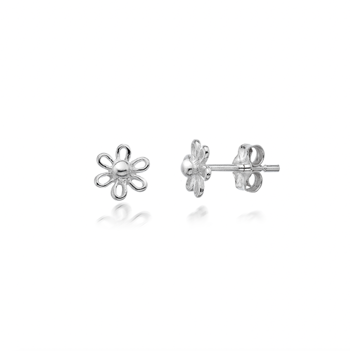 Silver flower-shaped earrings on a white background