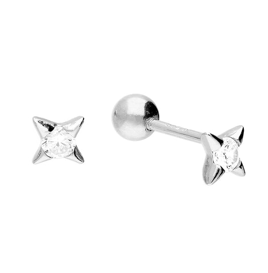 Silver star-shaped cartilage earrings on a white background