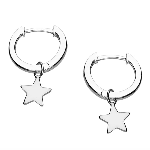 Silver hoop earrings with star charms on a white background