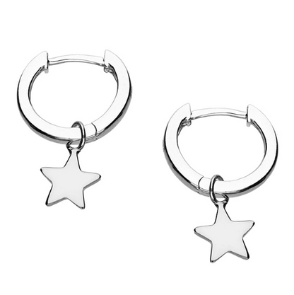Silver hoop earrings with star charms on a white background