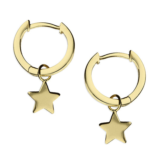 Gold hoop earrings with star charms on a white background
