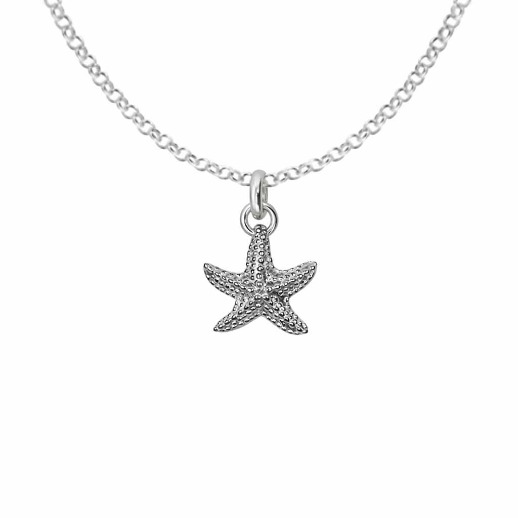 Silver starfish pendant necklace on a white background