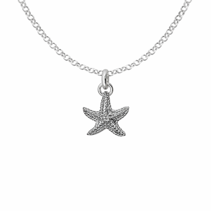 Silver starfish pendant necklace on a white background