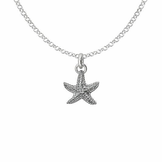 Silver starfish pendant necklace on a white background