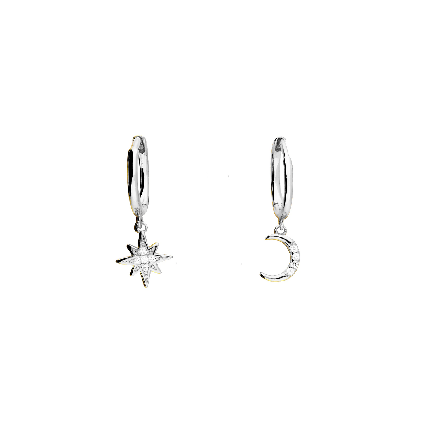 Pair of silver hoop earrings with star and moon charms on a white background