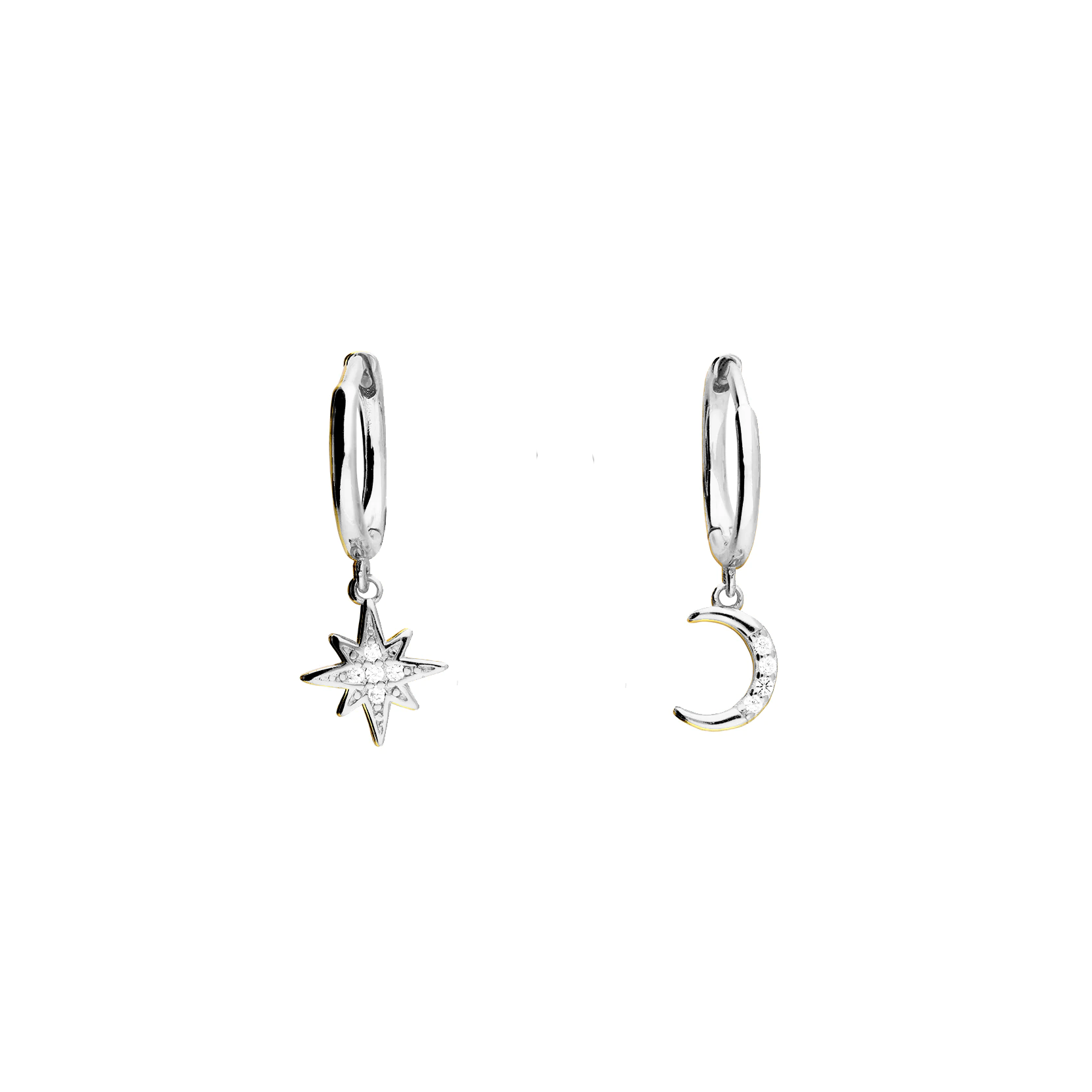Pair of silver hoop earrings with star and moon charms on a white background