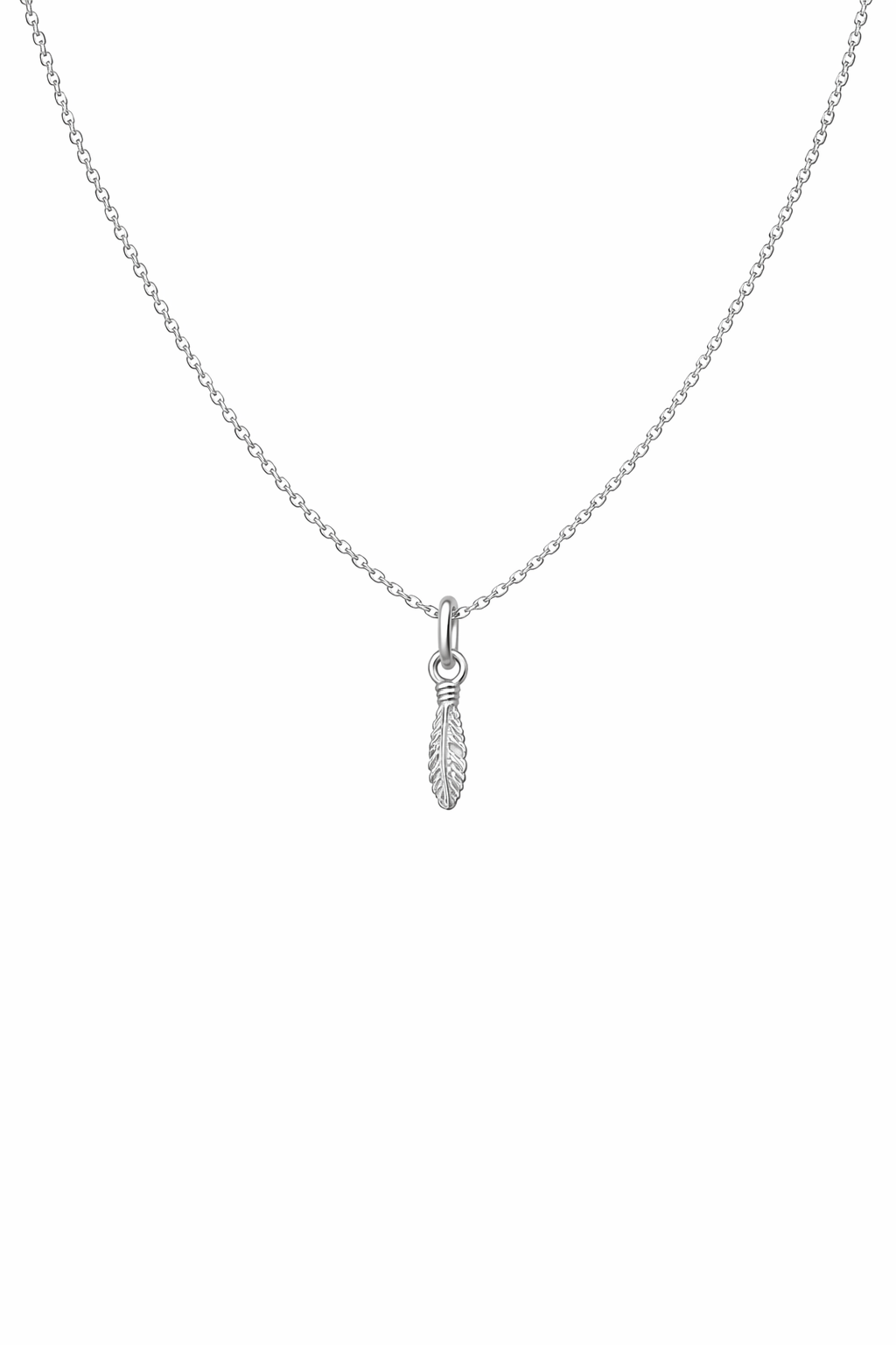 Silver necklace with a feather pendant on a white background