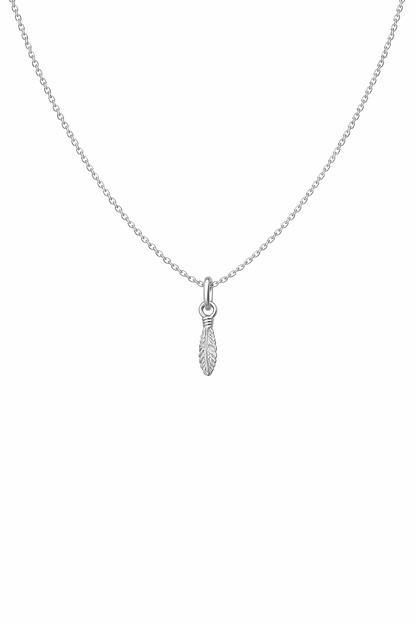 Silver necklace with a feather pendant on a white background