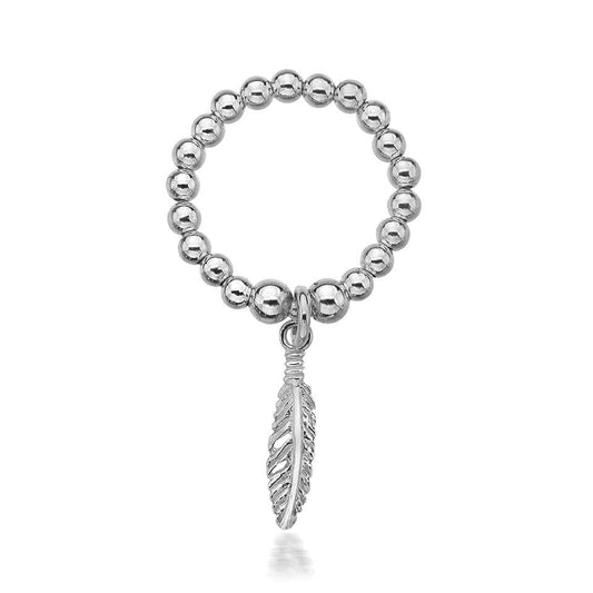 Silver beaded ring with a feather charm on a white background