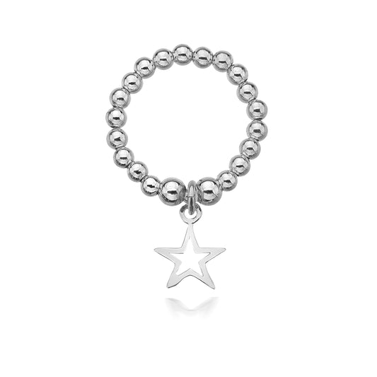 Silver beaded ring with a star charm on a white background