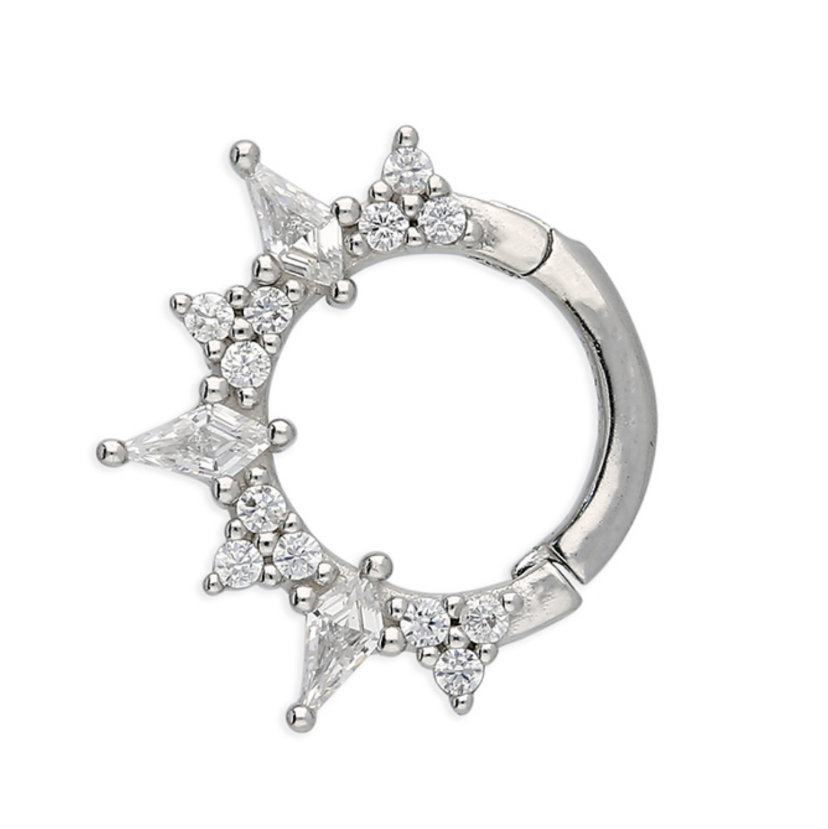 A silver earring with clear gemstone accents, photographed on a solid white background.