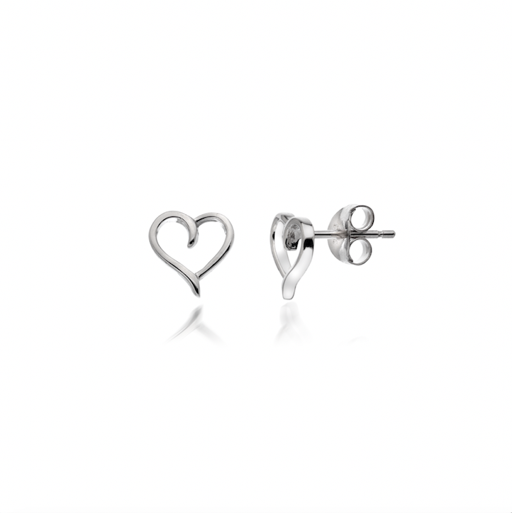 Heart-shaped silver earrings on a white background