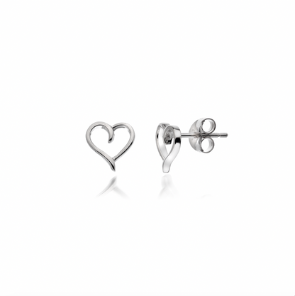 Heart-shaped silver earrings on a white background