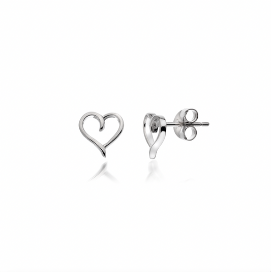 Heart-shaped silver earrings on a white background