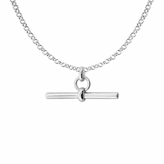 Silver necklace with a t bar pendant on a white background