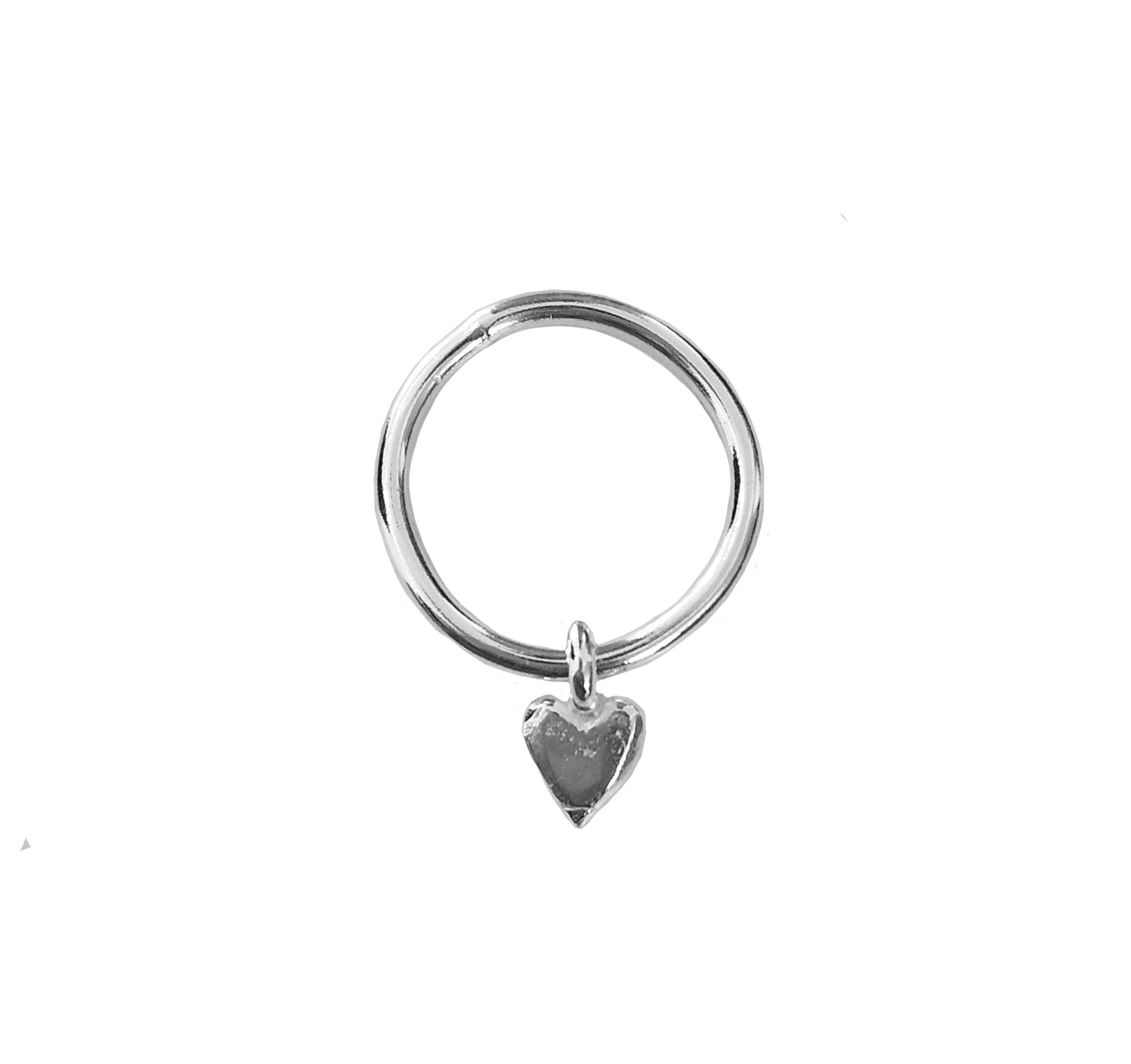 Sterling silver teeny heart dangle ring on a white background 