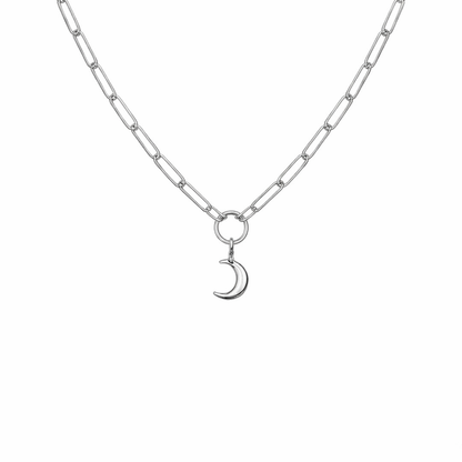 Silver necklace with a crescent moon charm on a white background