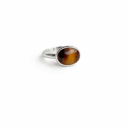 Silver ring with a brown gemstone on a white background