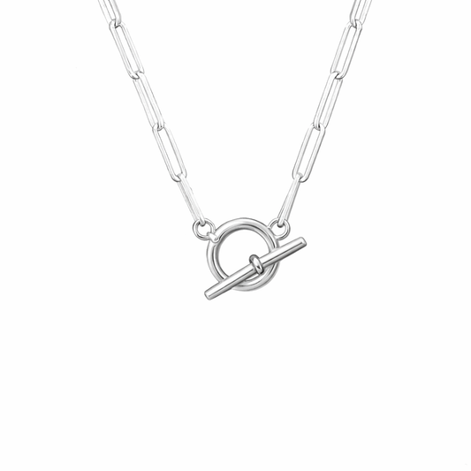 Silver trace necklace with a toggle clasp on a white background