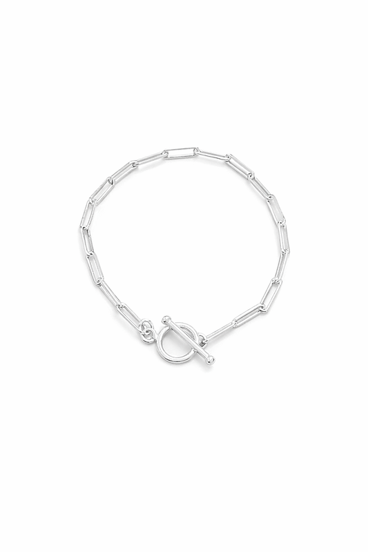 Silver bracelet with a toggle clasp on a white background