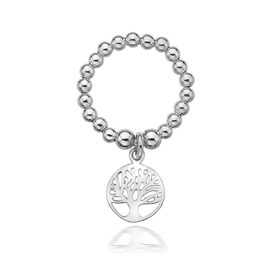Silver beaded ring with a tree of life charm on a white background
