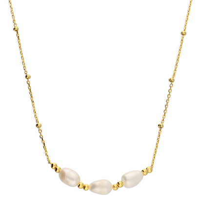 Gold necklace with pearls on a white background
