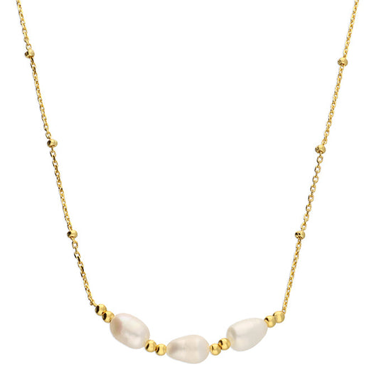 Gold necklace with pearls on a white background