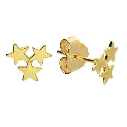 Gold triple star-shaped earrings on a white background
