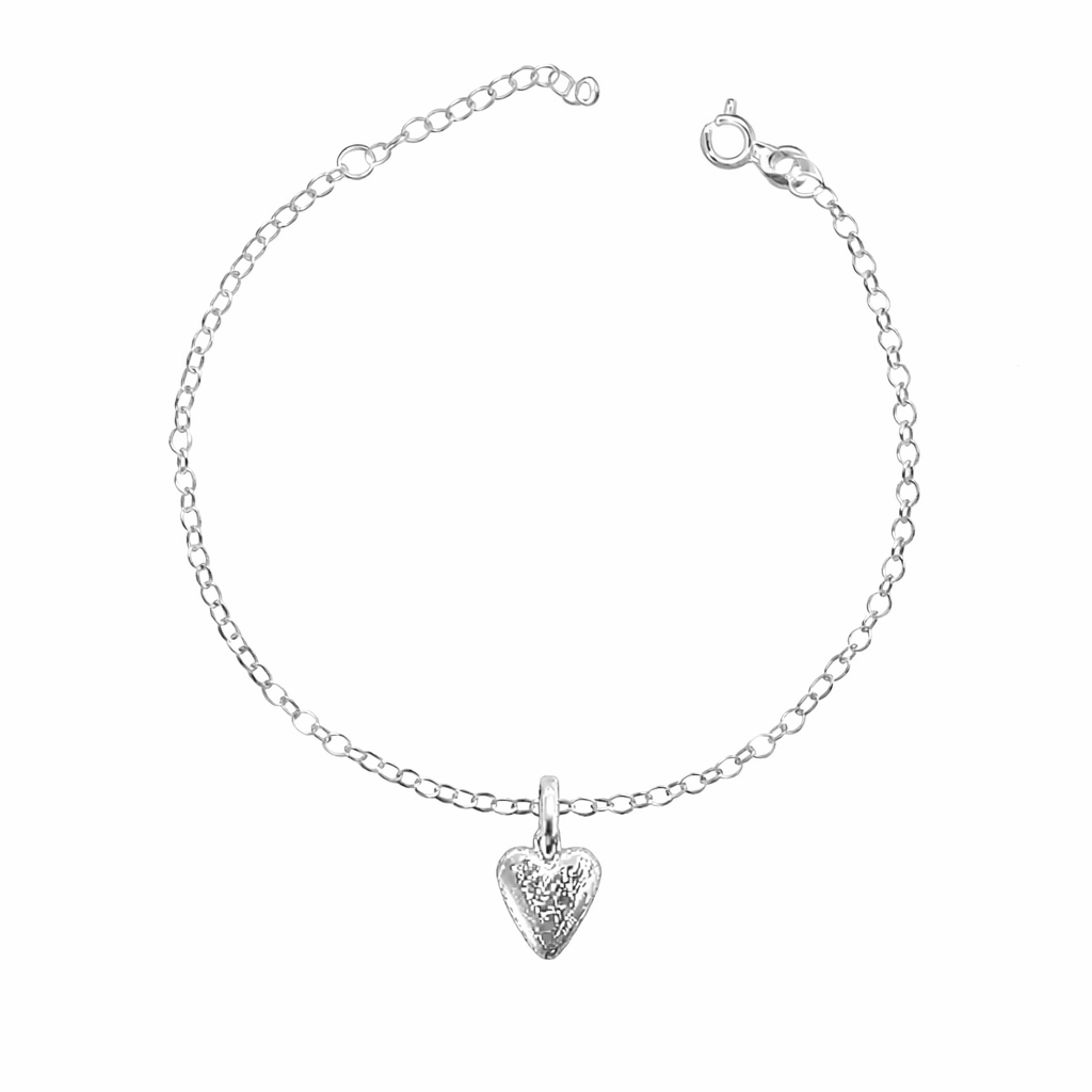 Silver bracelet with a heart-shaped pendant on a white background