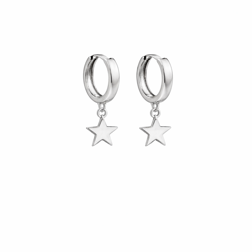 Silver hoop earrings with star charms on a white background
