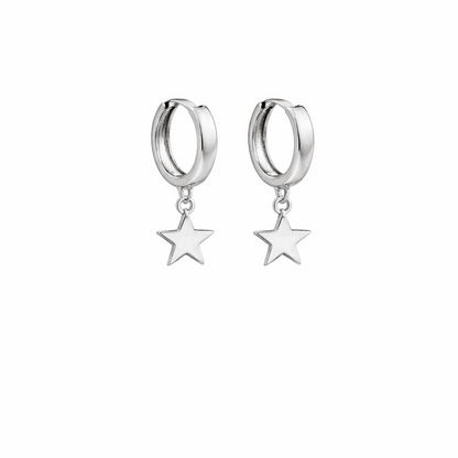 Silver hoop earrings with star charms on a white background