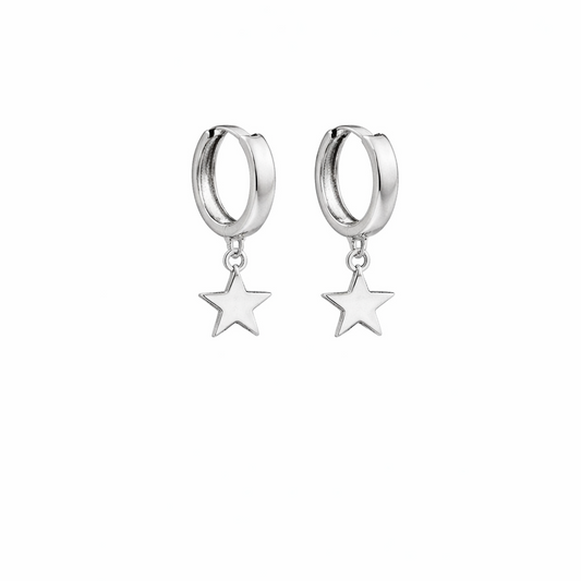 Silver hoop earrings with star charms on a white background