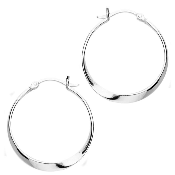 Pair of silver hoop wavey  earrings on a white background