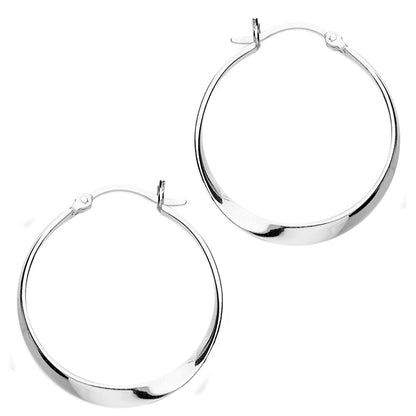 Pair of silver hoop wavey  earrings on a white background
