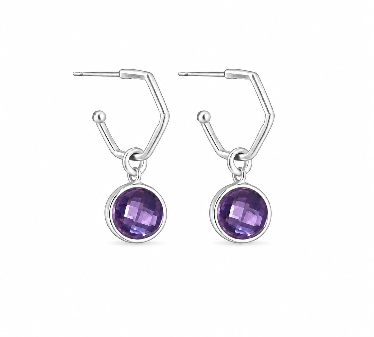 A pair of silver drop earrings with a amethyst purple gemstone in a bezel setting, shown on a plain white background.